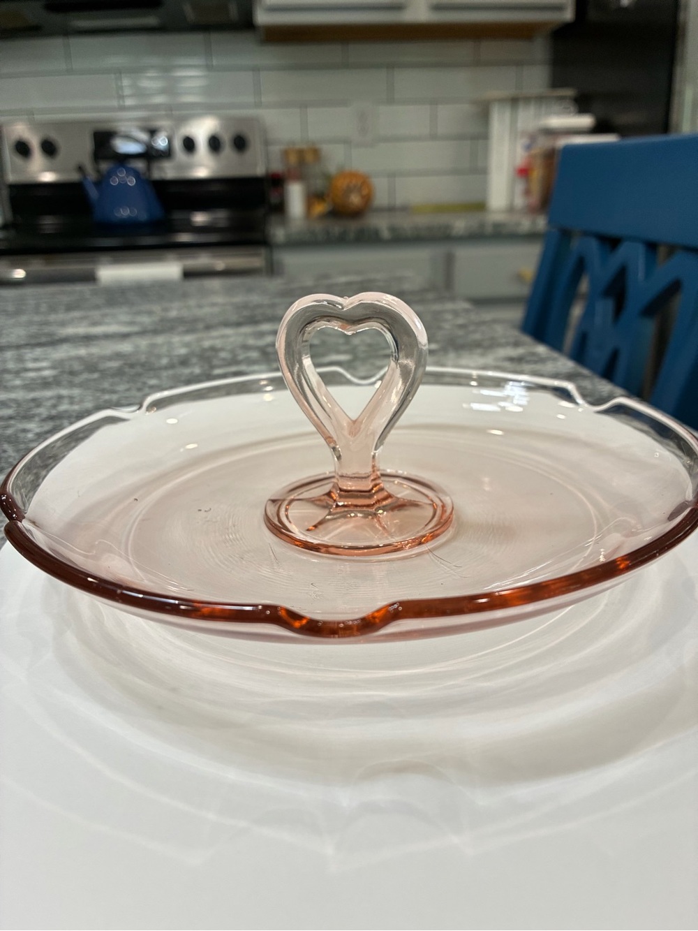 Vintage LE Smith, pink depression, glass bonbon tray with heart shaped handle